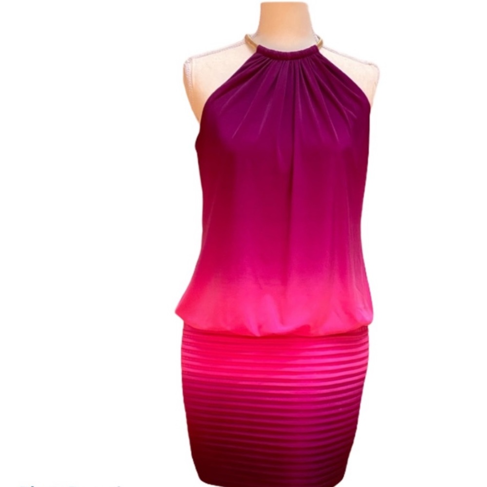 💝 XSCAPE Ombre Cocktail Dress Halter Mini Bodycon Size 6 Pink Fuscia